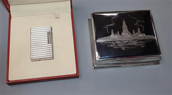 A Thai sterling and niello cigarette box and a cased silver plated Dupont lighter, cigarette box 11.2cm.